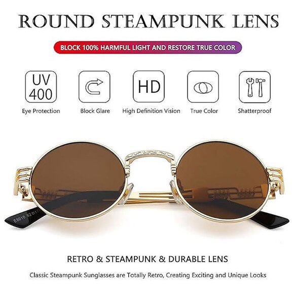Round Steampunk Sunglasses Gold/Brown - Picture 2 of 6